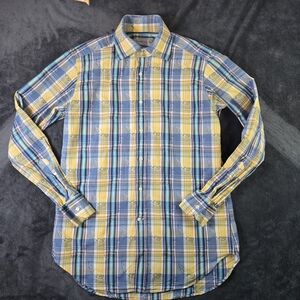 Mens 39 Etro LS button Shirt Paisley Plaid Yellow Italy Medium 15.5